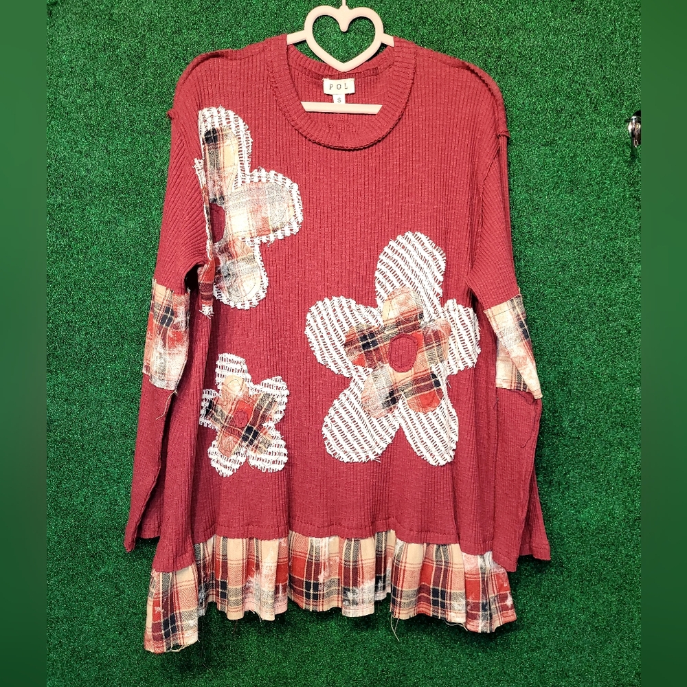 554 NWOT POL Patchwork Long Sleeve Top